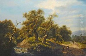 Waldweg Mit Pferdefuhrwerk Und Rastenden Wanderern by Marinus Adrianus Koekkoek