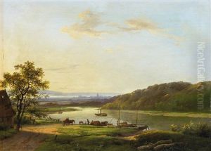 Weite Flusslandschaft Mit Schiffen Und Pferdefuhrwerken by Marinus Adrianus Koekkoek