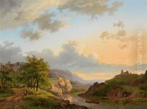 Travellers In An Extensive River Landscape by Marinus Adrianus Koekkoek