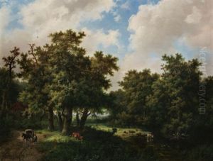 Romantische Waldlandschaft. Eichenwaldchen Im Sonnenlicht Mit Kuhen Und Personenstaffage by Marinus Adrianus Koekkoek
