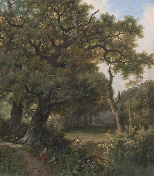 Figures In A Wooded Landscape With Cattle Beyond - view 1