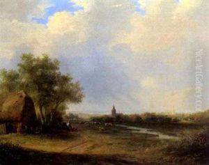 Schafer Mit Seiner Herde Vor Einer Stadt