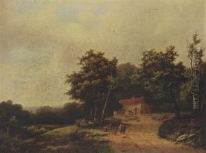 A Summer Landscape With Figures By A Farm by Marinus Adrianus Koekkoek