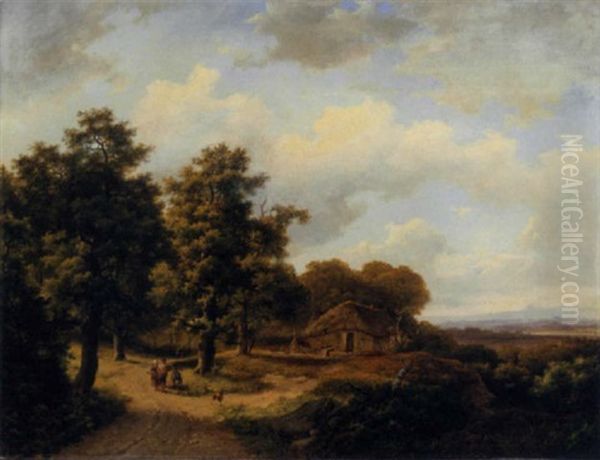 A Wooded Landscape With Peasants On A Country Road - view 1