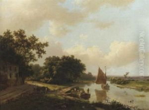An Extensive River Landscape With Figures Unloading A Stone Transport by Marinus Adrianus Koekkoek