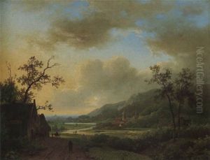 A Mountainous Landscape With Travellers By An Inn