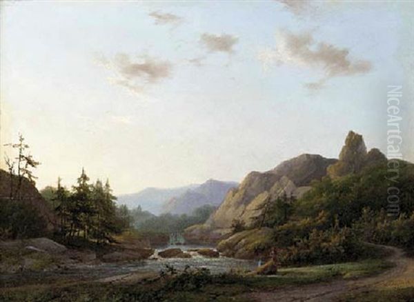 Travellers In An Extensive Wooded River Landscape - view 1