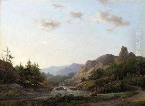 Travellers In An Extensive Wooded River Landscape by Marinus Adrianus Koekkoek