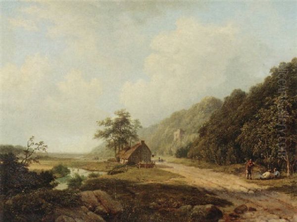 A Hilly Summer Landscape With Figures Resting By A Sandy Track - view 1