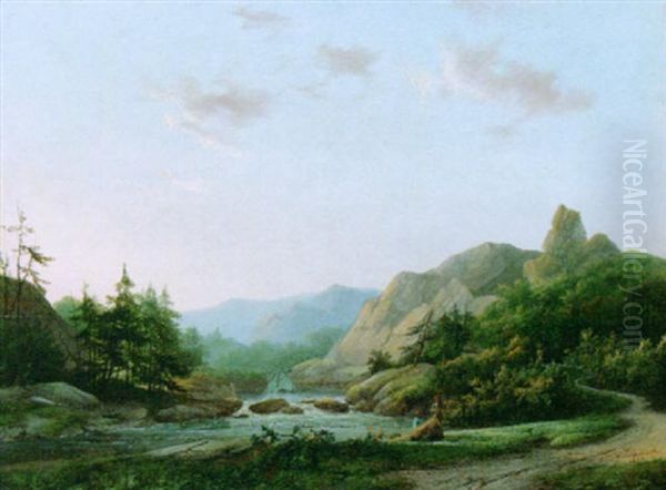 A Mountainous Landscape With Figures By A Stream - view 1