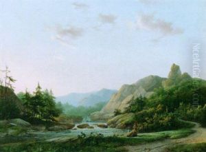 A Mountainous Landscape With Figures By A Stream A Mountainous Landscape With Figures By A Stream