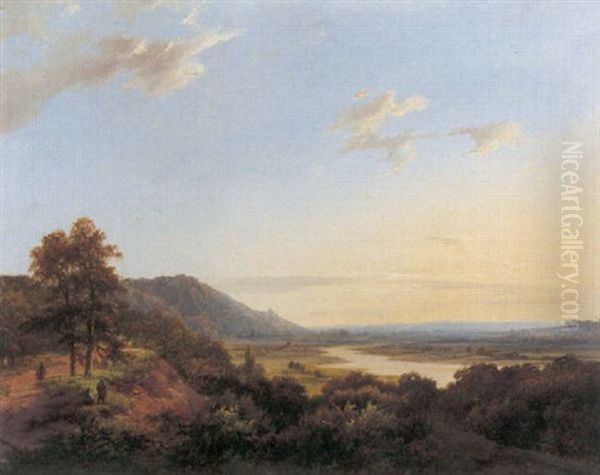 Reizige En Jagers In Een Heuvelachtig Rivierlandschap - view 1
