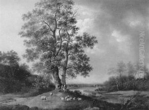 Landschaft Mit Einem Hirtenpaar Bei Einem Baum Mit Ihren Schafen by Marinus Adrianus Koekkoek