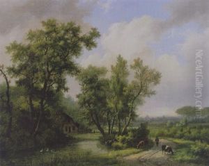 Bosrijk Landschap Met Een Boer En Koeien Op Een Zandpad Bosrijk Landschap Met Een Boer En Koeien Op Een Zandpad