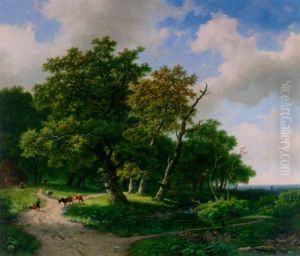 A Wooded Landscape With A Cattle On A Forest Trail And A Bridge Croosing A Brook