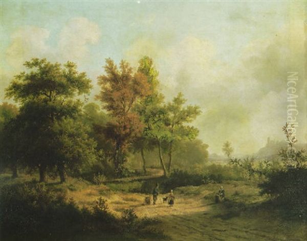 An Extensive Wooded Landscape With Travellers Resting On A Path In The Forground - view 1