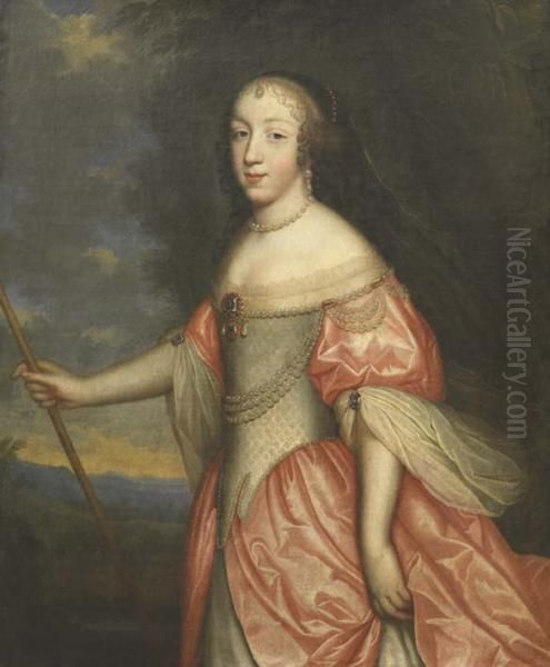 Portrait De Femme En Robe De Cour Ornee De Perles - view 1