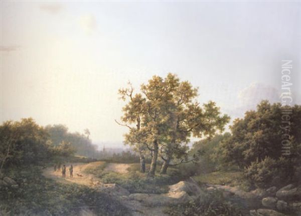 Travellers In A Wooded Landscape, A Church Beyond - view 1