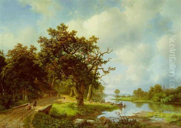 A  Wooded Landscape With Figures And Cattle By A Barge - view 1