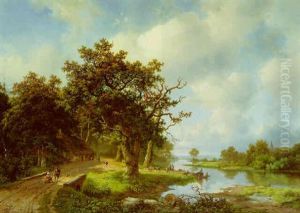 A  Wooded Landscape With Figures And Cattle By A Barge