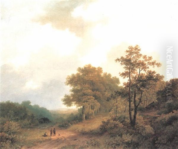 Figures Resting On A Track In An Extensive Wooded Landscape - view 1