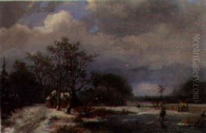 A Winter Landscape With Figures Skating On A Frozen River