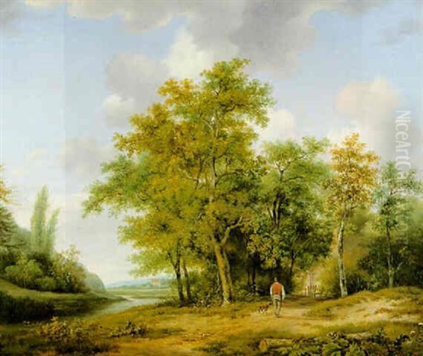 Figure With A Dog In A Wooded Landscape - view 1