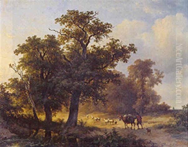 A Wooded River Landscape With A Peasant And Flock On A Country Road - view 1