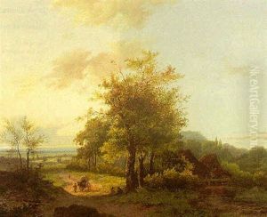A Wooded Landscape With Traveller With A Cart On A Path