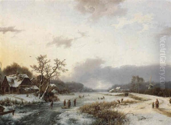 A Winter Landscape With Skaters On A Frozen Waterway - view 1
