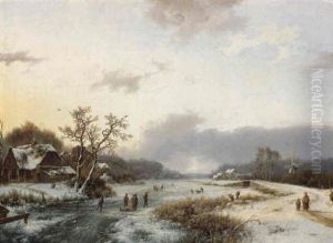 A Winter Landscape With Skaters On A Frozen Waterway by Marinus Adrianus Koekkoek