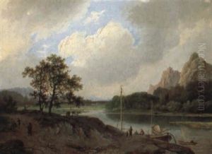 A Rocky River Landscape With A Moored Sailing Vessel And Travellers