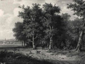 A Wooded Landscape With A Traveller And Dog On A Sandy Forest Lane