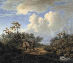Wooded River Landscape With Countryfolk, Cattle And Sheep by Marinus Adrianus Koekkoek