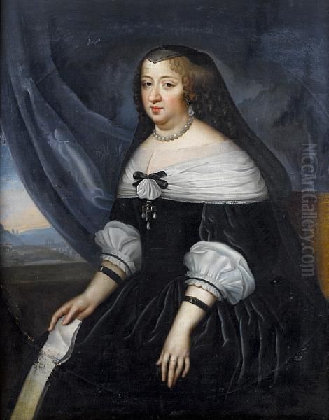 Portrait Of Ann Of Austria,three-quarter-length, In Black Costume, Holding A Letter And Seatedbefore A Grey Curtain, A View To A Landscape Beyond - view 1