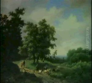 A Wooded Landscape With A Shepherd Driving Sheep And        Travellers Beyond