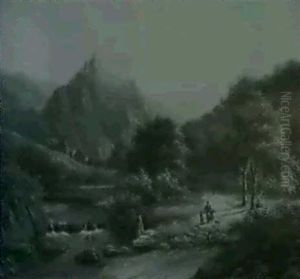 Gebirgstal Mit Einer Bauern- Familie Auf Dem Pfade Am Ufer  Des Flusschens Rechts by Marinus Adrianus Koekkoek