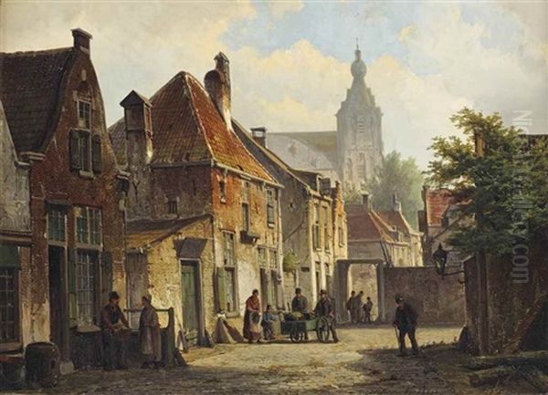 Townsfolk In A Sunlit Street With A Church Beyond - view 1