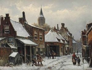 A Snow Covered Street With Figures In Front Of A Forge by Willem Koekkoek