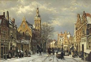 A Capriccio View Of A Sunlit Town In Winter With Numerous Figures