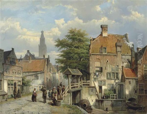 Figures On A Bridge By A Dutch Canal - view 1