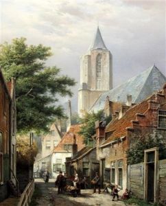 Figures Beside A Bakers Cart With Church Beyond by Willem Koekkoek