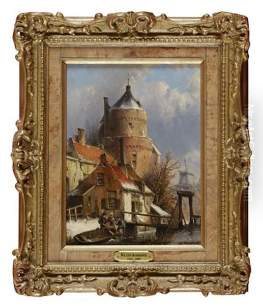 View Of A Dutch Town In Winter With Figures By A River - view 1
