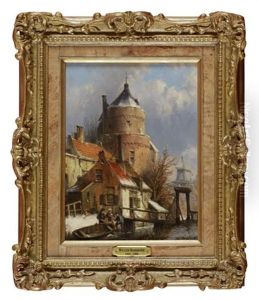 View Of A Dutch Town In Winter With Figures By A River by Willem Koekkoek