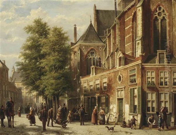 Numerous Figures In A Sunlit Street Near A Church - view 1