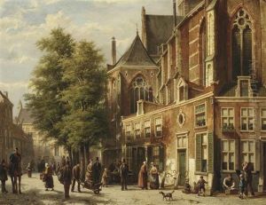 Numerous Figures In A Sunlit Street Near A Church Numerous Figures In A Sunlit Street Near A Church