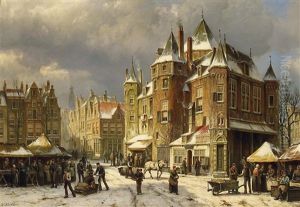 Markttreiben In Den Verschneiten Strasen Einer Hollandischen Stadt (nieuwmarkt In Amsterdam?) by Willem Koekkoek