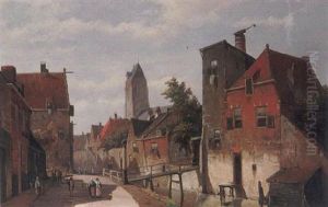 Figures By Canal In A Dutch Town by Willem Koekkoek