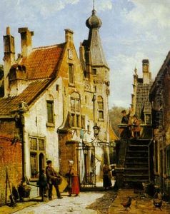 A Townscene With Figures By A Wrought Iron Gate by Willem Koekkoek