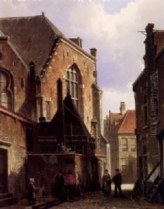 Figures Conversing In A Street In A Dutch Town by Willem Koekkoek